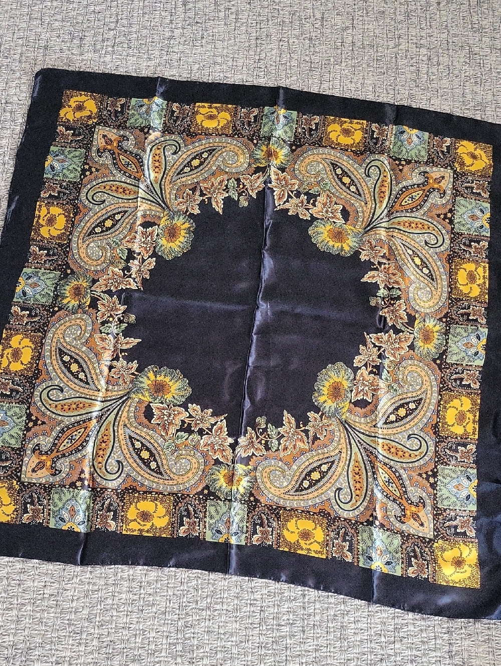 Silky Paisley Floral  Large Square Scarf in Black and Mustard  35X36